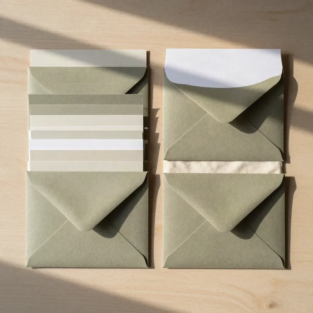 Overhead flatlay of envelope sleeves, message cards and folded cloth divider on pale wood.