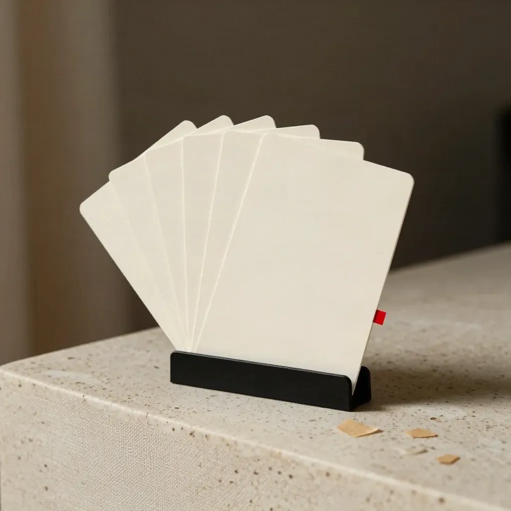 Fanned blank ad cards, clip rail, and color chips on travertine with a subtle red accent.