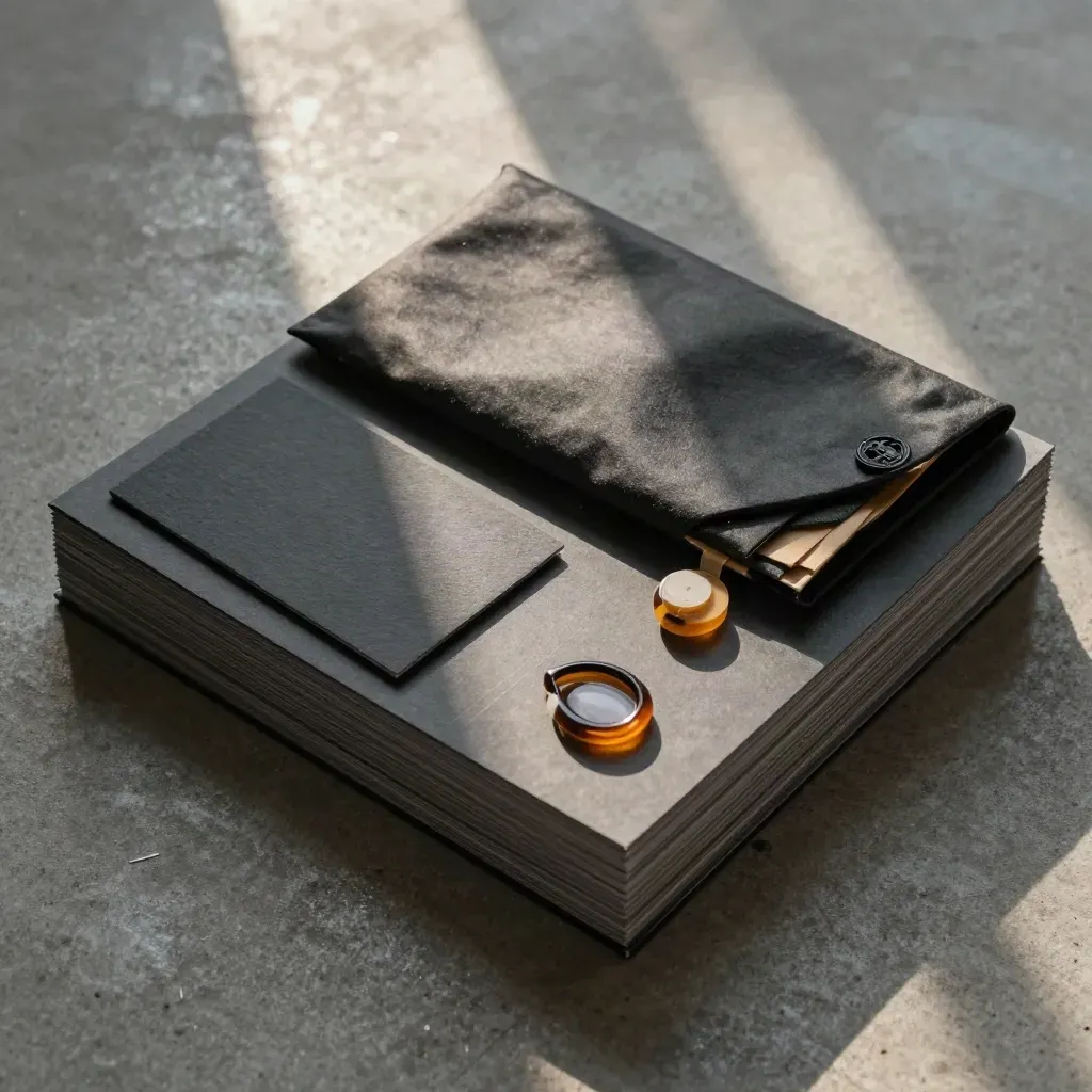 Overhead flatlay of a charcoal retainer bundle, courier pouch, tabs, and amber seal on concrete.